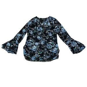 White House Black Market Sz-8 Floral Ruffle V-Neck Bell Sleeve Top Black Blue